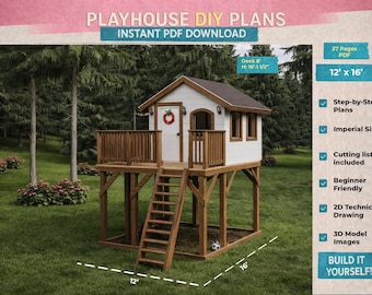 12x16 Elevated Playhouse Plans PDF | DIY Wooden Kids Backyard Playhouse with Deck | Step-by-Step