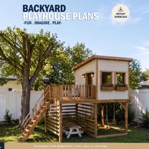 Bouwtekeningen voor een speelhuisje voor kinderen, houten tuinhuis met pergola, stapsgewijs plan, zelf te maken met de digitale downloadbestanden.
