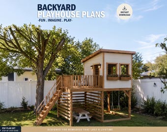 Playhouse Plans for Kids, Wooden Garden house with pergola, Step by Step plan, Do it Yourself with the Digital Downloading Files