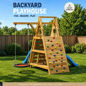 Playhouse Plans for Kids, A frame Wooden Deck Treehouse with slide and swing, Do It Yourself with Digital downloads