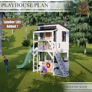 Playhouse Build Plans for Kids, 2-storey Playhouse with climbing wall, slide and swing , Do It Yourself with Digital downloads image 3