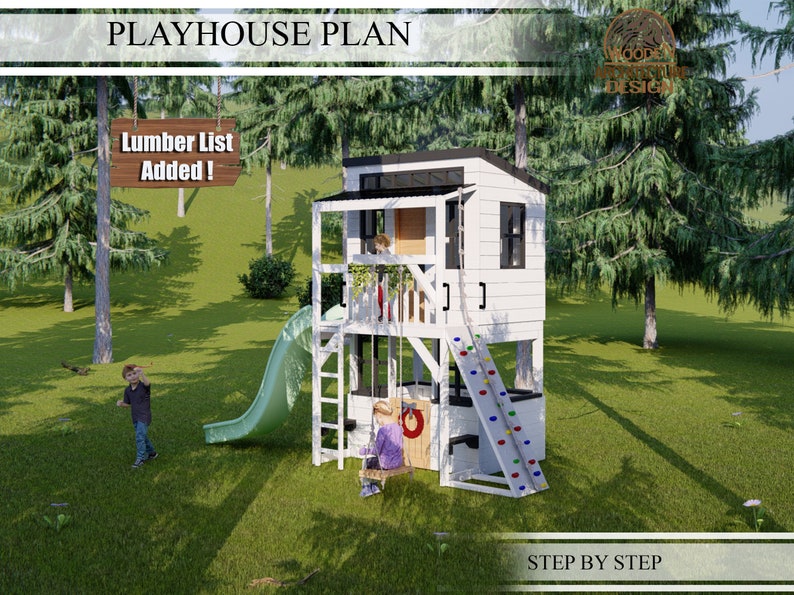 Playhouse Build Plans for Kids, 2-storey Playhouse with climbing wall, slide and swing , Do It Yourself with Digital downloads image 3