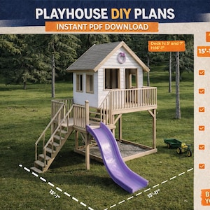 Planos de casa de juegos de madera DIY (PDF) Casa del árbol para niños con tobogán en el patio trasero / paso a paso