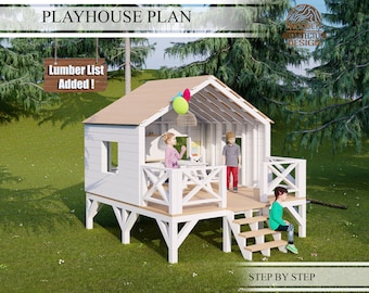 Playhouse Build Plans for Kids, Playhouse Plan with open deck , Do It Yourself with Digital downloads