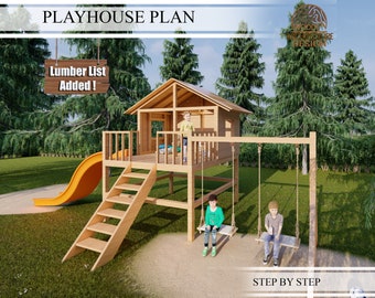 Plans de construction de maison de jeu pour enfants, plan de maison de jeu avec balançoire et toboggan, à faire vous-même avec téléchargements numériques