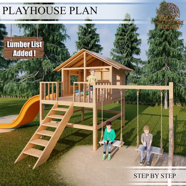 Spielhaus Bauplan für Kinder, Spielhaus Plan mit Schaukel und Rutsche, Do It Yourself mit digitalen Downloads