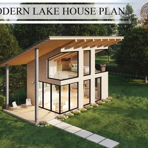 Pianta moderna della casa sul lago, casetta nella foresta, 1 camera da letto 1 bagno, 861,26 piedi quadrati (17'-0"x 32'-11"), file di download digitale