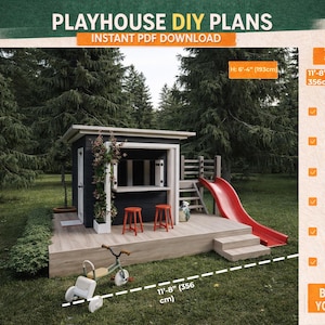 Planos de casa de juegos moderna (PDF) / Casa de juegos para niños en el patio trasero con tobogán / Descarga digital paso a paso para principiantes