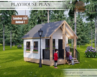 Vintage Playhouse Build Plans for Kids, Modern Cottage  Playhouse Plan  , Do It Yourself with Digital downloads