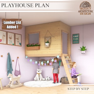 Indoor Playhouse Plans for Kids, Wooden playhouse with reading corner, Step by Step plan, Do it Yourself with the  Digital Downloading Files