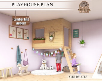Indoor Playhouse Plans for Kids, Wooden playhouse with reading corner, Step by Step plan, Do it Yourself with the  Digital Downloading Files