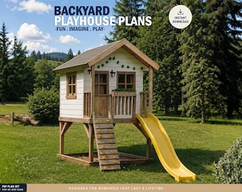 May include: Backyard playhouse plans featuring a white wooden structure with a brown roof, a climbing wall with yellow holds, and a yellow slide. The text reads BACKYARD PLAYHOUSE PLANS -FUN. IMAGINE. PLAY- and INSTANT DOWNLOAD with a PDF icon.