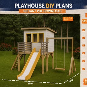 Elevated DIY Playhouse Plans Outdoor Kids Fort With Swing Slide Woodworking Project PDF