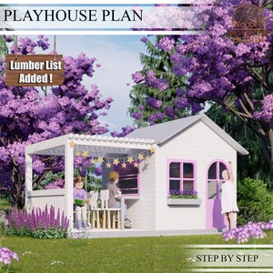 Cottage Playhouse Plans for Kids, Playhouse with pergola, Pink door and window, Do It Yourself with Digital downloads