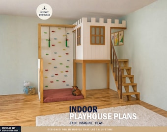 Indoor Wooden Playhouse Plan for kids | Castle Playhouse with climbing wall| DIY Loft Design for Kids | Step-by-Step PDF