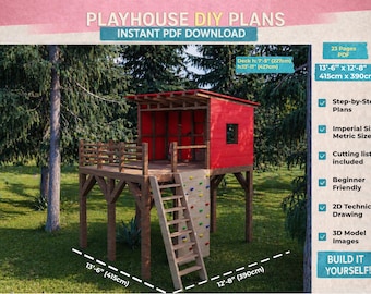 Modern Elevated Treehouse Playhouse Plans | DIY Wooden Kids Playhouse with Deck & Climbing Wall