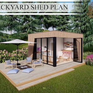 Plan szopy ogrodowej, biuro ogrodowe z toaletą, 460 stóp kwadratowych (19&#39;-4&quot;x 26&#39;-6&quot;) / 43 m kw. (8 m x 6 m), pliki do pobrania w wersji cyfrowej