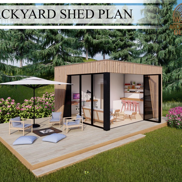 Backyard Shed Plan, Garden Office with restroom, 460 sq.ft (19'-4"x 26'-6") / 43 sq.mt (8m x 6m), Digital Downloading Files