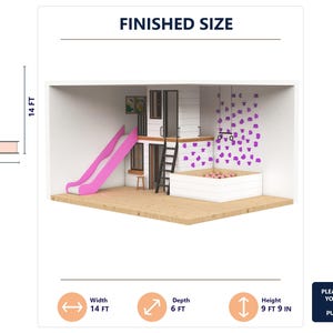 May include: A wooden play structure featuring a pink slide, a black ladder, a white ball pit, and a purple climbing wall with handholds. The diagram displays dimensions of 14 feet by 6 feet, with a height of 9 feet 9 inches, labeled FINISHED SIZE.