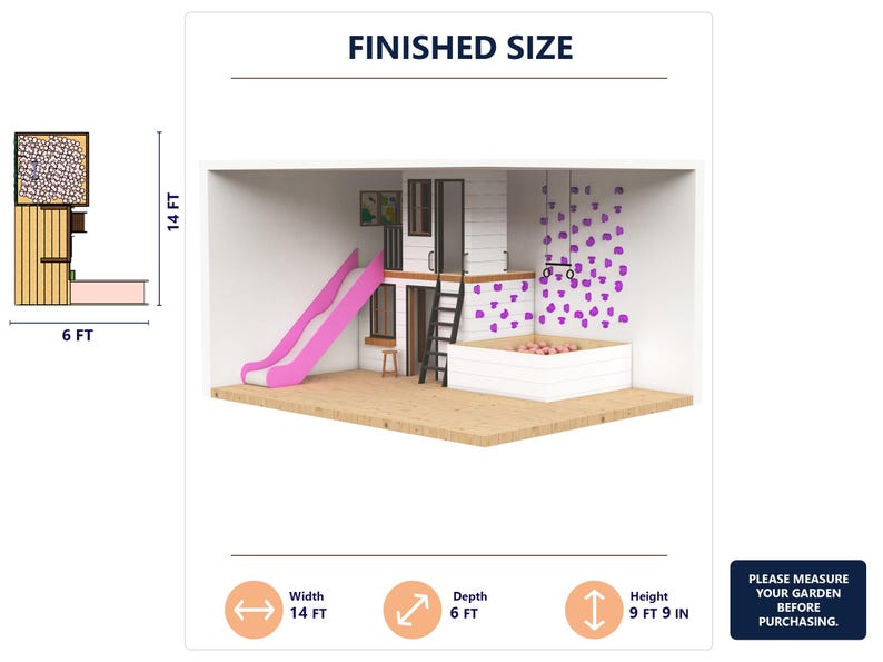 May include: A wooden play structure featuring a pink slide, a black ladder, a white ball pit, and a purple climbing wall with handholds. The diagram displays dimensions of 14 feet by 6 feet, with a height of 9 feet 9 inches, labeled FINISHED SIZE.