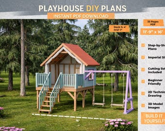 Elevated Wooden Playhouse DIY Plans with Swing Set | Backyard Kids Playhouse PDF