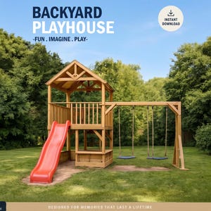 Planos para construir una casita de juegos para niños, casita con barra para trepar, tobogán, columpio y puesto de limonada. ¡Constrúyela tú mismo con descargas digitales!