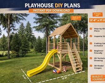 DIY Holz-Spielhaus-Pläne mit Rutsche | Erhöhtes Kinderbaumhaus | Hinterhof Spielplatz | Sofort PDF Download