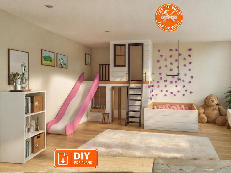 Build a fun and functional 6’ x 14’ loft playhouse with this beginner-friendly DIY plan set. Includes step-by-step instructions, imperial measurements, detailed technical drawings, a full cutting list, and 3D model images. Instant PDF download — perfect for creating a slide and climbing wall play area indoors. 🛠️