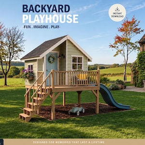 Bouwplannen voor een speelhuisje voor kinderen, een speelhuisje voor in de tuin, zelf te maken met digitale downloads.