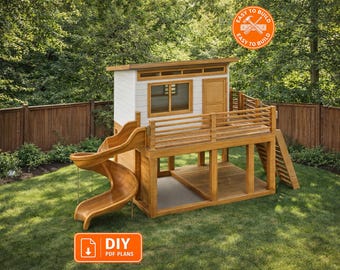 Planos de casa de juegos elevada con tobogán para niños (DIY) / Casa del árbol para niños en el patio trasero (PDF) / Construcción DIY paso a paso