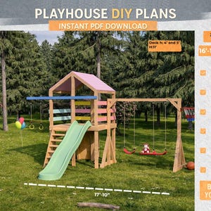 Wooden Playhouse DIY Plans with Slide & Swings | Backyard Kids Treehouse PDF | Instant Download