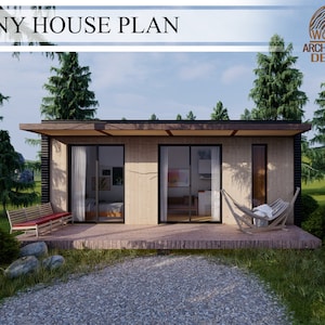 Tiny House-plan met 1 slaapkamer en 1 badkamer, huis van 24'-7" x 8'-2"), huis van 26,4 m² (7,5 m x 2,5 m) Architectonische technische tekening