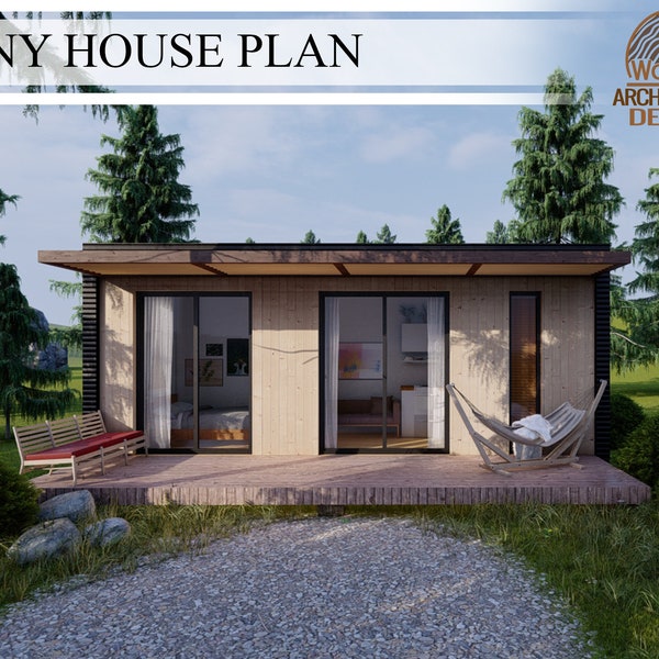 1 Bedroom 1 Bathroom Tiny House Plan, 284.1 sq.ft (24'-7"x 8'-2") House, 26.4 sq.mt (7.5m x 2.5m) House  Architectural technical drawing