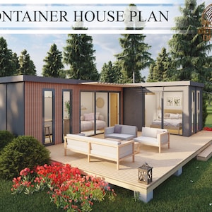 Plattegrond containerhuis, 1 slaapkamer en 1 badkamer, 652 vierkante ft (20'x 8' 2 container), plattegrond L Tiny house,