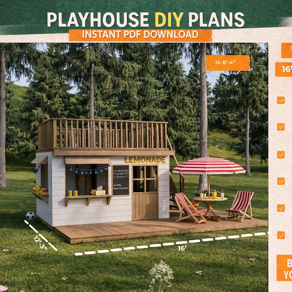 Planos de casa de juegos DIY / con terraza en la azotea y puesto de limonada al aire libre / Descarga instantánea