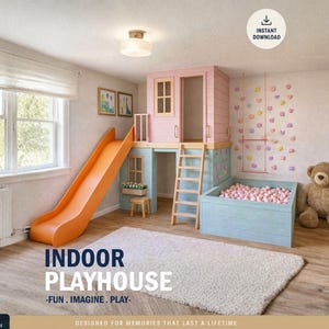 Indoor loft playhouse plan with orange slide, climbing wall, ball pit, and ladder — DIY kids' bedroom active play loft PDF blueprint