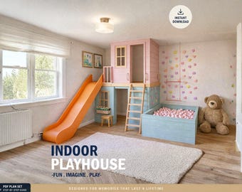 Indoor Wooden Playhouse Plan with Slide | Climbing Wall & Swing | DIY Loft Design for Kids | Step-by-Step PDF Building Instructions