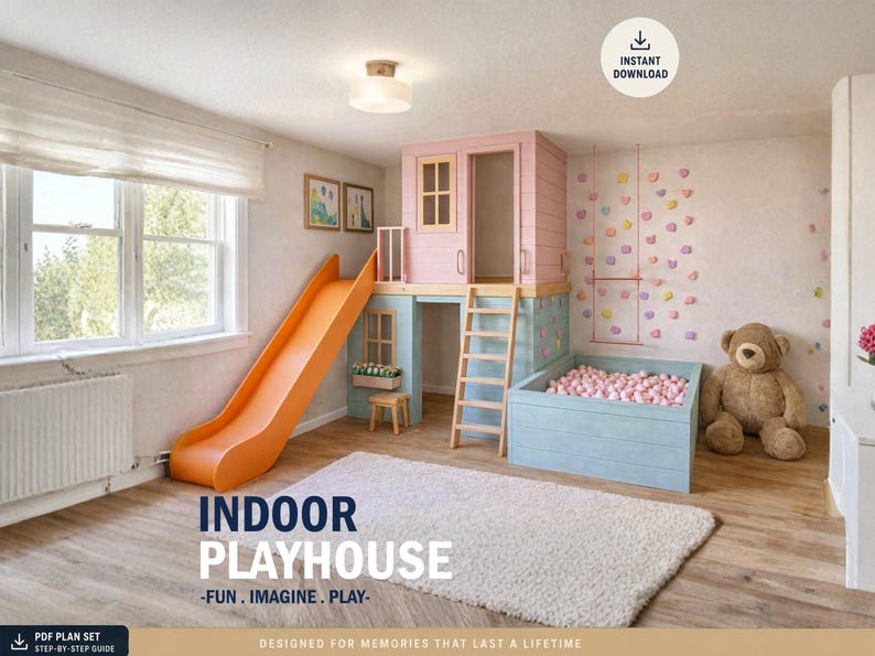 Indoor loft playhouse plan with orange slide, climbing wall, ball pit, and ladder — DIY kids' bedroom active play loft PDF blueprint