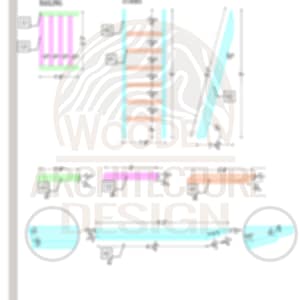 May include: A technical blueprint titled Playhouse Build Step 5 by Wooden Architecture Design. The document displays diagrams for railing and stairs with various components highlighted in green, pink, orange, and blue, including imperial measurements.