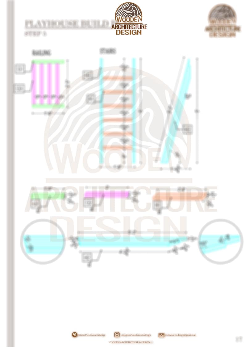 May include: A technical blueprint titled Playhouse Build Step 5 by Wooden Architecture Design. The document displays diagrams for railing and stairs with various components highlighted in green, pink, orange, and blue, including imperial measurements.