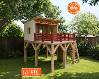 Modern Elevated Treehouse Playhouse Plans | DIY Wooden Kids Playhouse with Deck & Climbing Wall