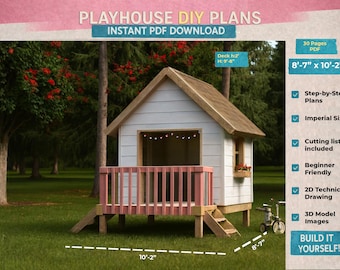 Modernes Outdoor Spielhaus Pläne für Kinder, DIY Holzspielhaus mit Veranda, Schritt-für-Schritt PDF