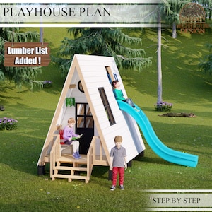 Playhouse Plans for Kids, A Frame Cabin Playhouse with slide , Step by Step, Do it Yourself with the  Digital Downloading Files