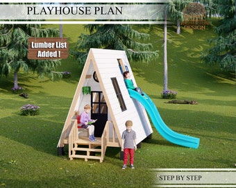 Playhouse Plans for Kids, A Frame Cabin Playhouse with slide , Step by Step, Do it Yourself with the  Digital Downloading Files