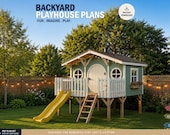 Playhouse Plan for kids | Modern Elevated Hobbit style Treehouse with deck and slide | Do It Yourself with Digital downloads