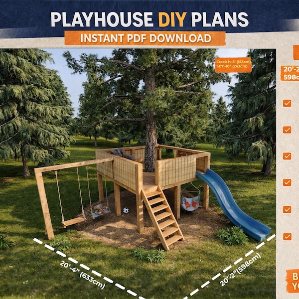 DIY Spielhaus-Pläne mit Rutsche und Schaukeln | Kinderspielplatz im Hinterhof | .Baumhaus Deck aus Holz |