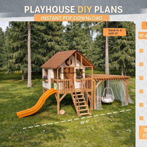 Wooden Playhouse DIY Plans with Slide & Pergola | Elevated Backyard Kids Playhouse PDF