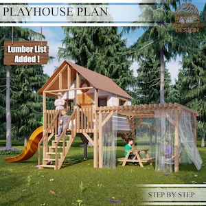 Playhouse Plans with Pergola,  Wooden Garden house for kids, Step by Step plans, Do it Yourself with the  Digital Downloading Files