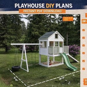DIY Playhouse Plans with Swing Set Sandbox and Slide | Step by Step PDF