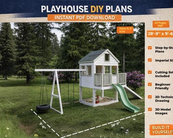 DIY Playhouse Plans with Swing Set Sandbox and Slide | Step by Step PDF